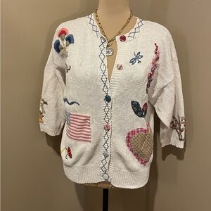 Vintage Susan Bristol Off White Cardigan Multicolor Embroidery, Grannycore, M
